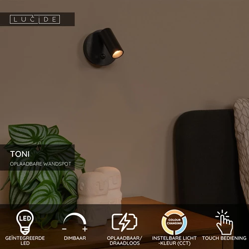 Lucide TONI - Oplaadbare Wandspot / Wandlamp - Accu/Batterij - Ø 8,1 cm - LED Dimb. - CCT - 1x2W 2700K/4000K - Bewegingssensor (uitschakelbaar) - Magnetisch - Zwart - USP